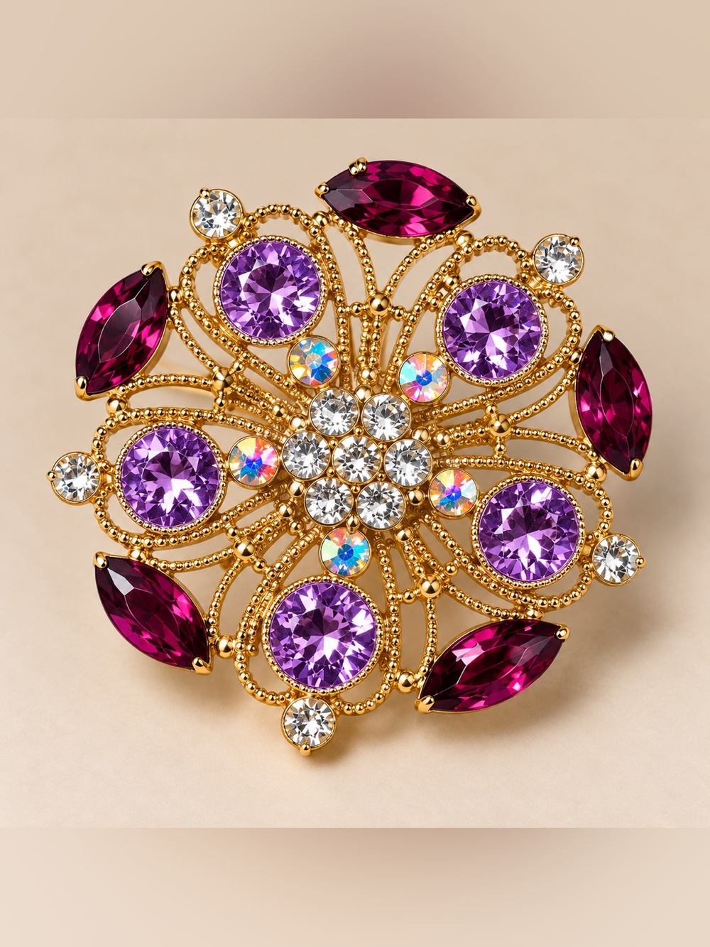 Gold-Plated Purple & Burgundy Crystal Floral Brooch - Unbranded